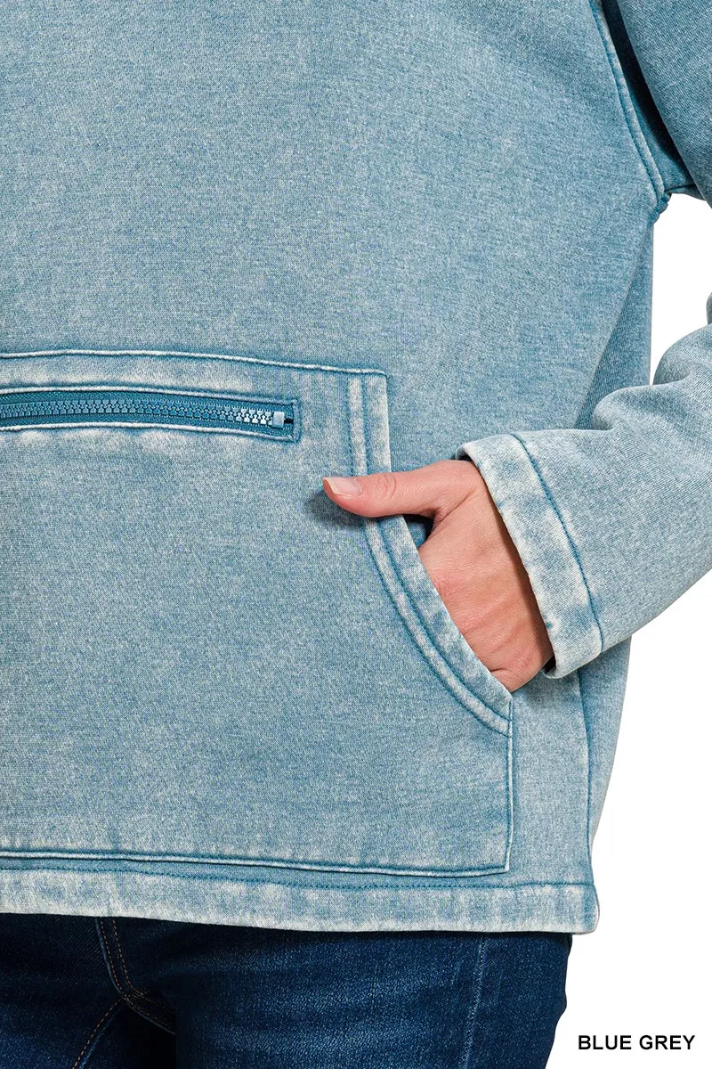 Fleece Washed High Neck Kangaroo Pocket Sweatshirt, image 7