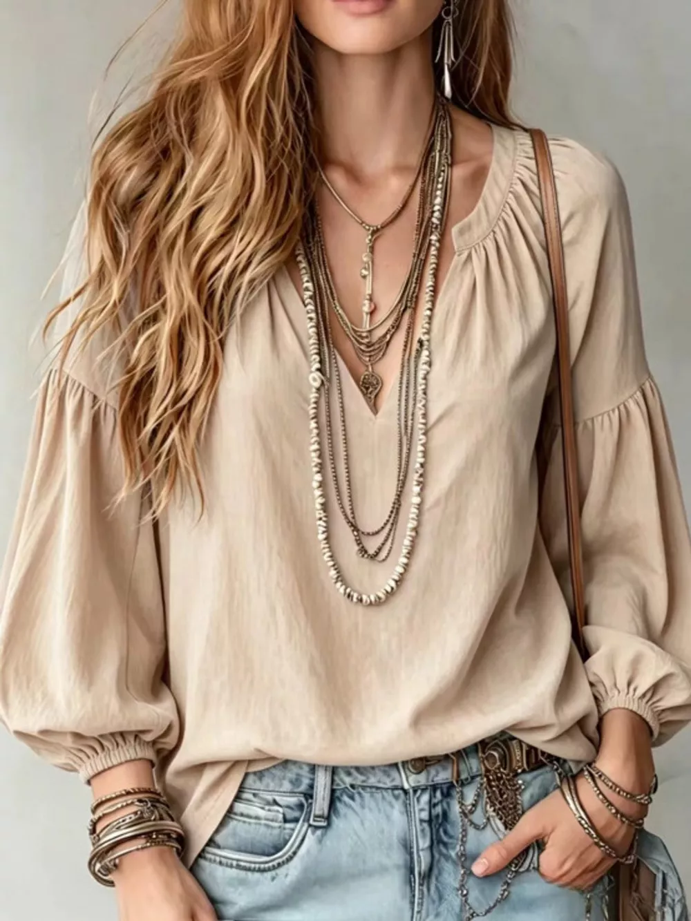 Full Size Notched Balloon Sleeve Blouse Plus Size, image 32