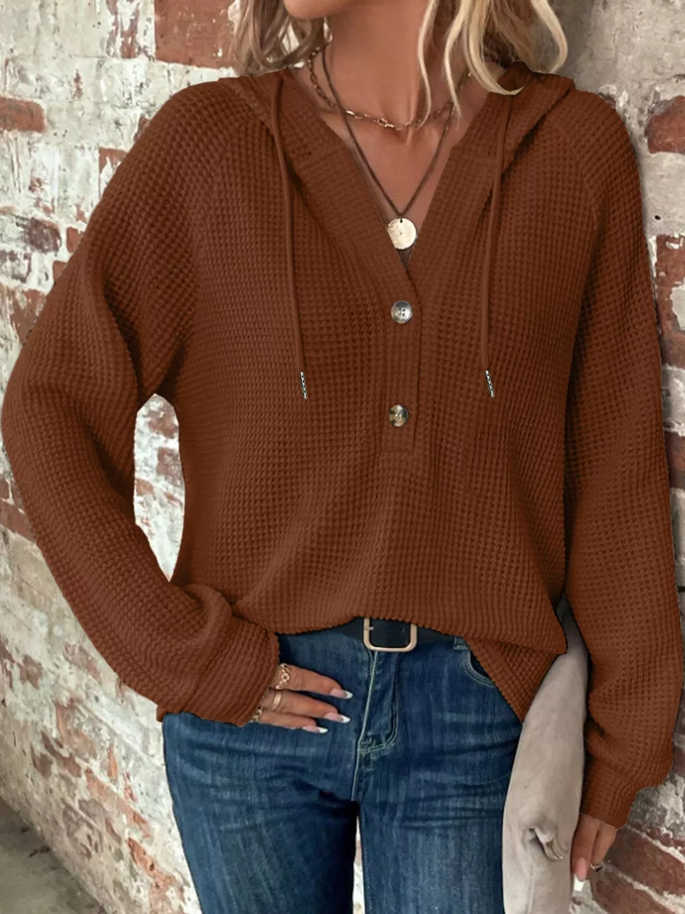 Full Size Waffle Knit Button Detail Hoodie Plus Size, image 39
