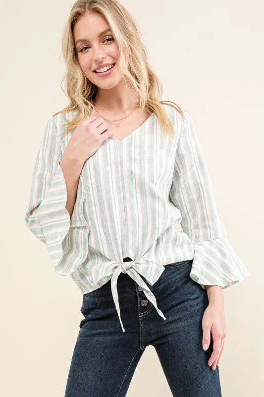 Stripe Tie Knot Front Bell Sleeve Top, image 6