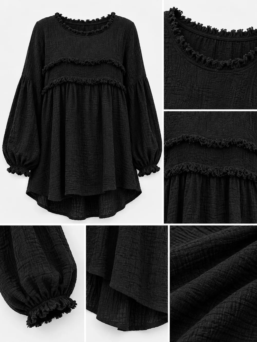 Full Size Boho Chic Textured Frayed Trim Peplum Blouse Plus Size, image 29