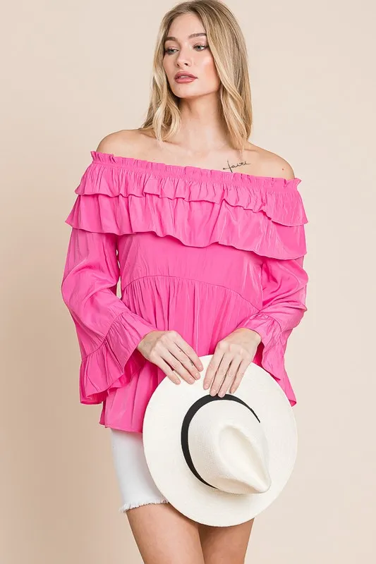 Ruffled Trumpet Sleeve Off-The-Shoulder Top