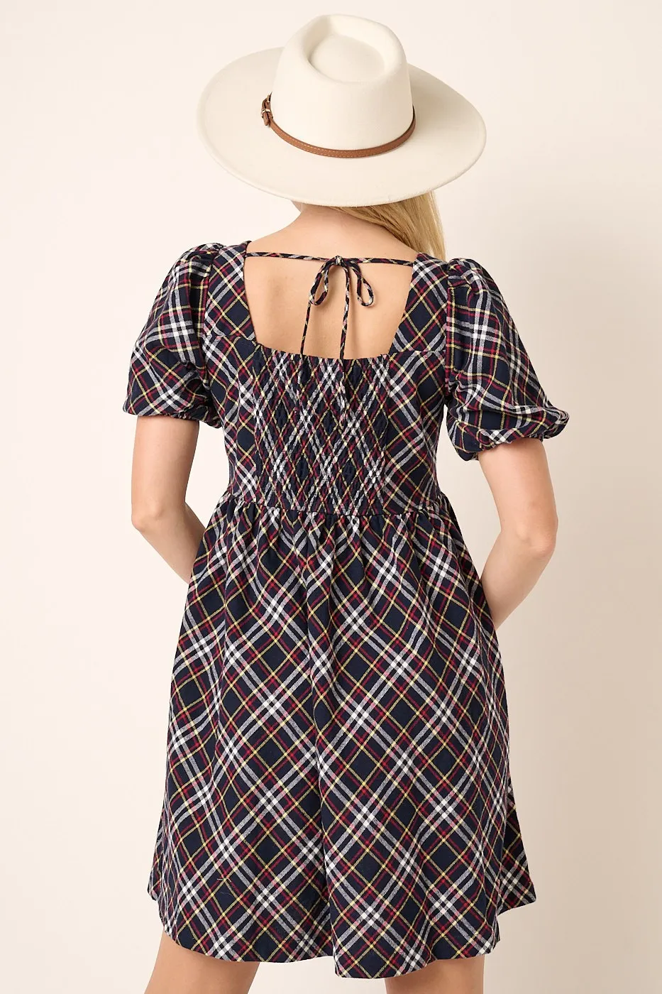 Checkered Print Puff Sleeve Babydoll Mini Dress, image 5