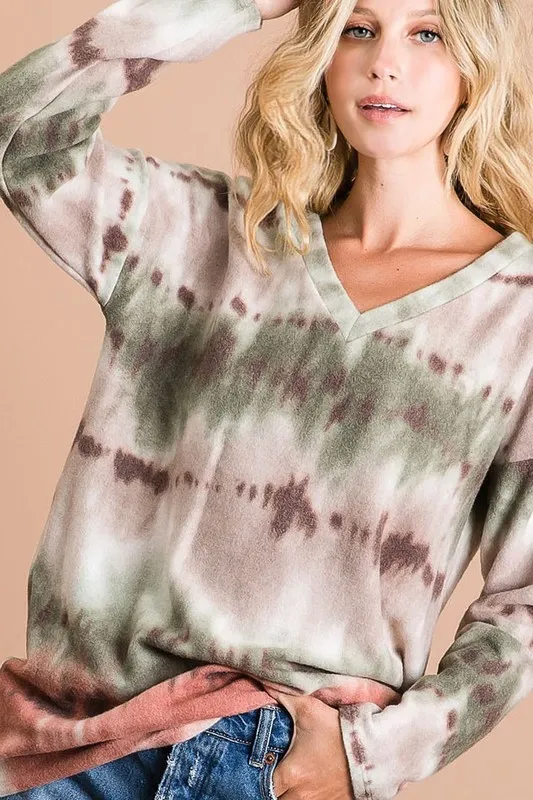 Brushed Tie Dye Looking Print V Neck Top, image 10