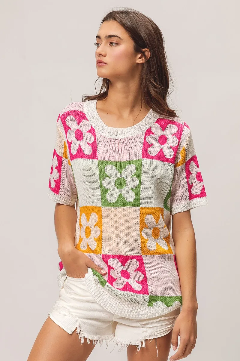 Flower Checker Pattern Lightweight Sweater Top, image 16