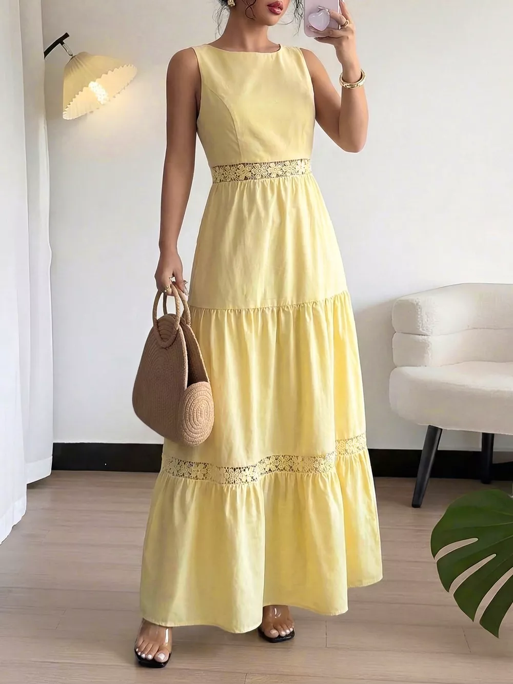 Lace Trim Sleeveless Tiered Maxi Dress, image 2