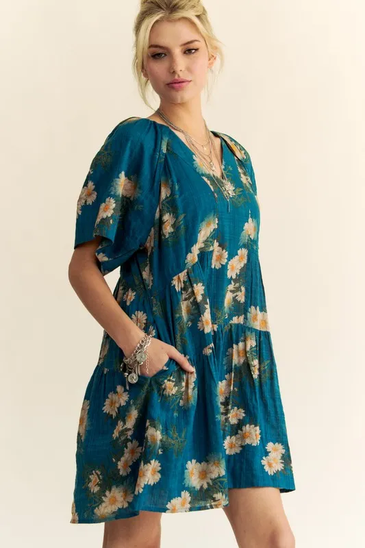 Floral Print Short Bell Sleeve Pleated Mini Dress, image 6