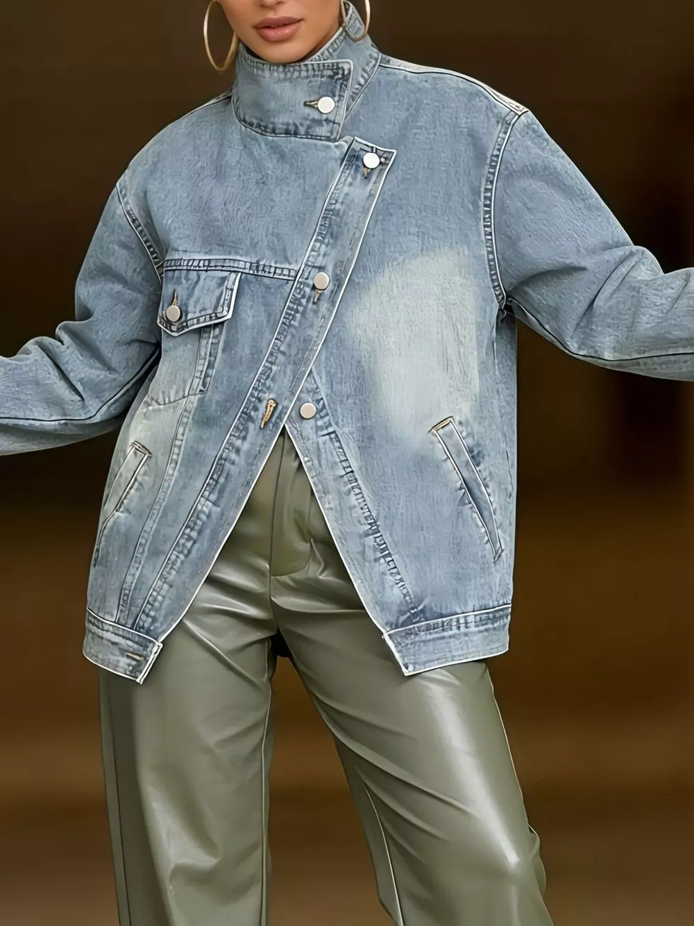 Full Size Asymmetric Button-Up Stand Collar Denim Jacket Plus Size