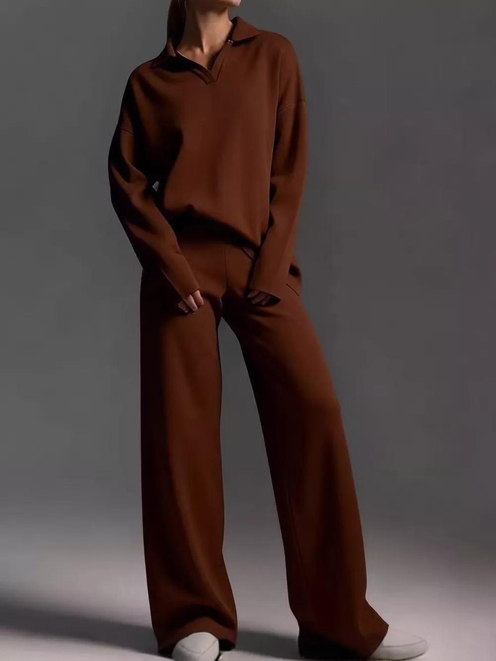 Polo Collar Top and Wide-Leg Pants Set, image 37