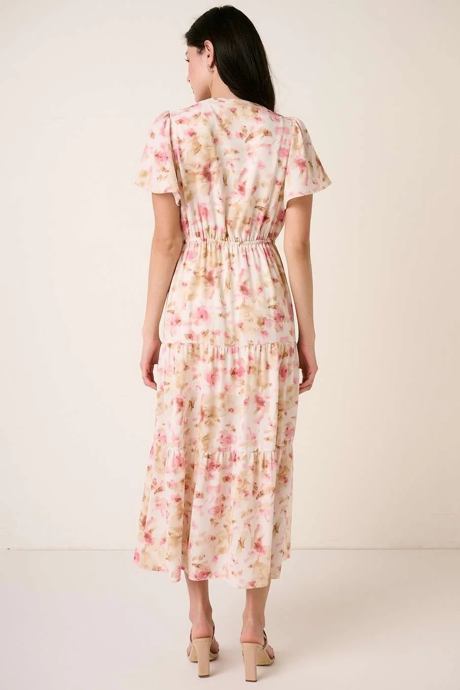 Flower Print Flutter Sleeve V Slit Maxi Dress, image 5