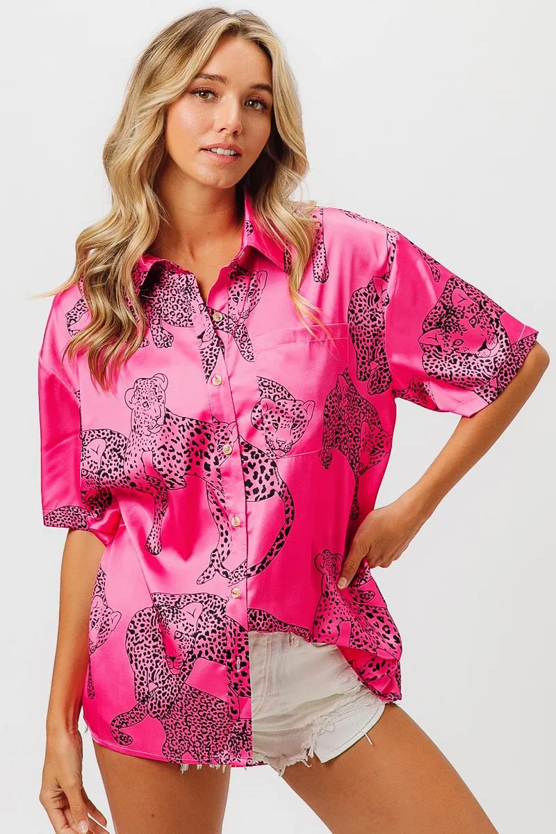 Leopard Print Short Sleeve Silky Satin Shirt Top, image 11