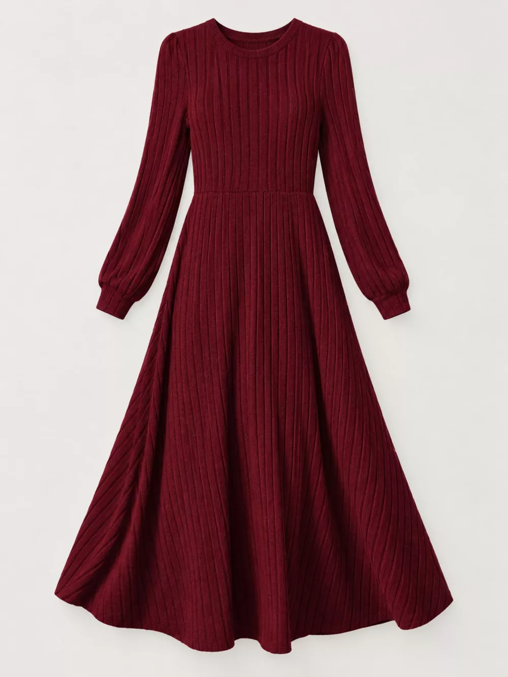 Ribbed Knit Long Sleeve A-Line Midi Dress, image 14