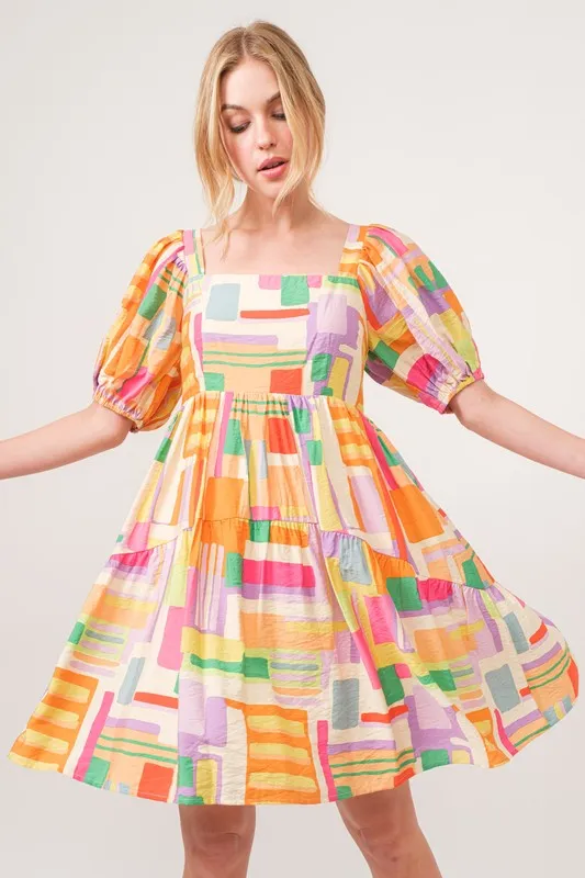 Square Neck Puff Sleeve Geo Printed Mini Dress, image 5