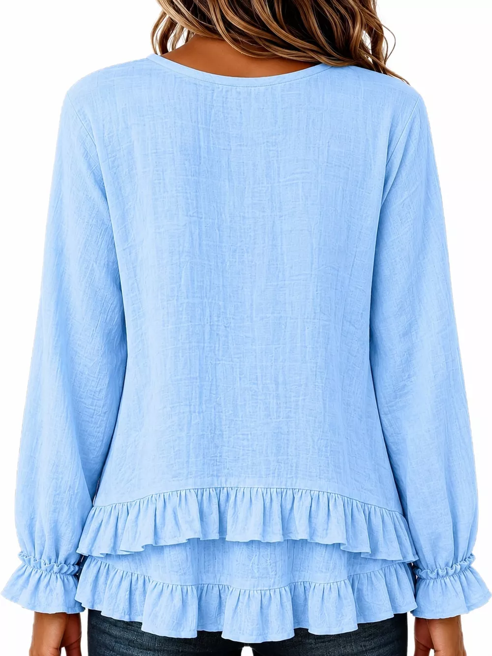V-Neck Long Sleeve Ruffled Hem Blouse, image 15