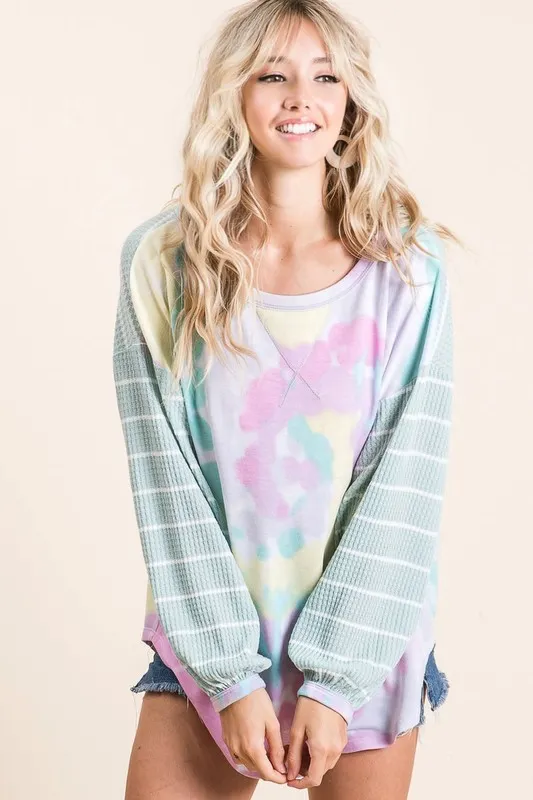 Tie Dye Terry Top with Wide Stripe Thermal Waffle, image 6