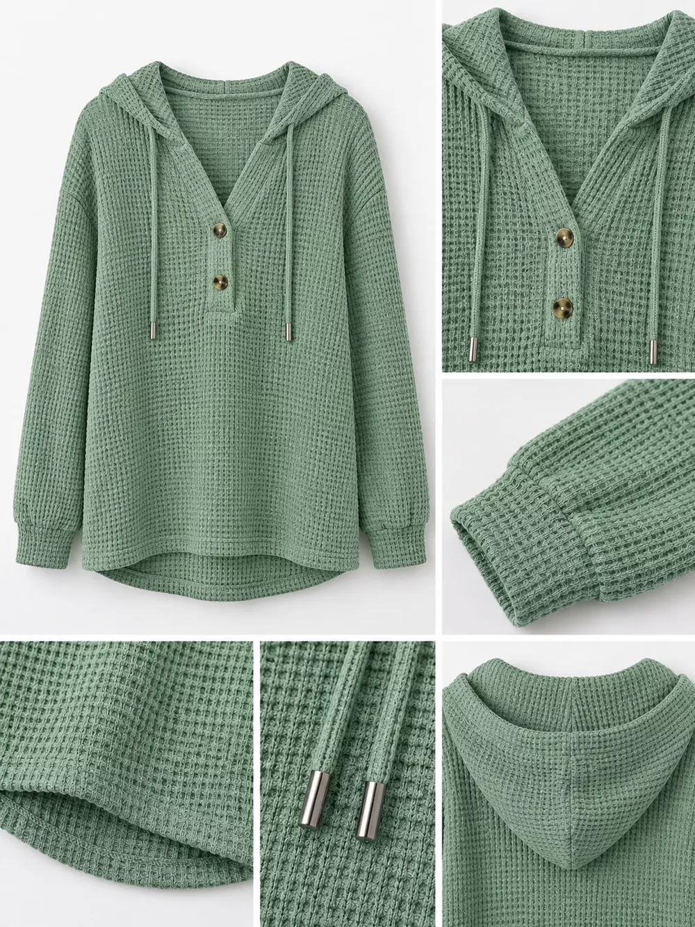 Full Size Waffle Knit Button Detail Hoodie Plus Size, image 59
