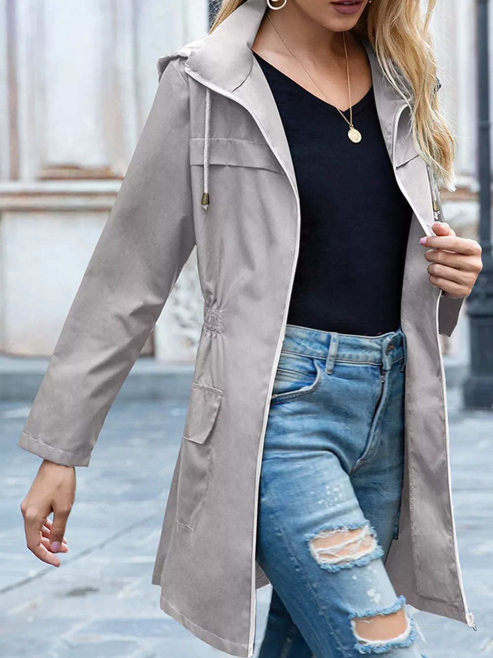 Zip Up Drawstring Waist Hooded Jacket, image 3