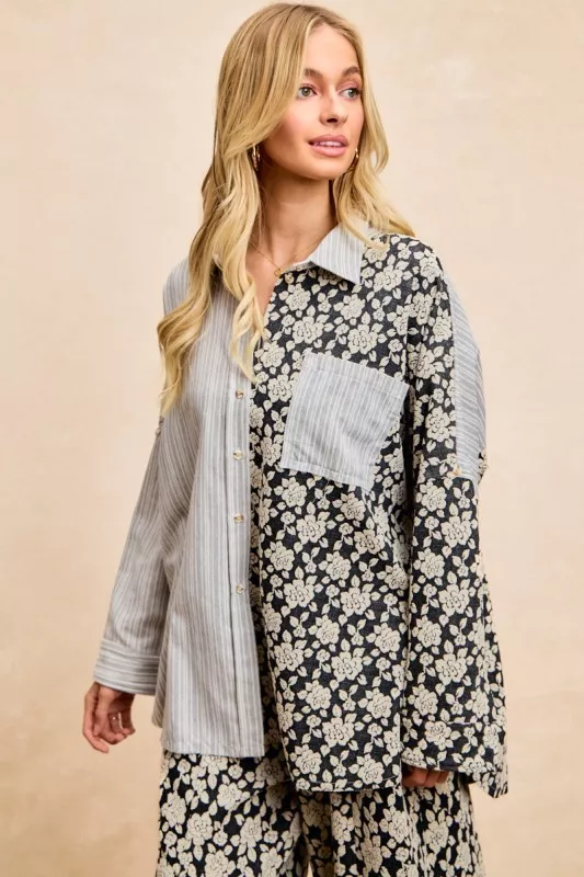 Stripes Jacquard Floral Mix And Match Shirt Top, image 11