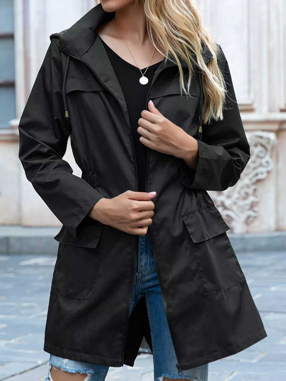 Zip Up Drawstring Waist Hooded Jacket, image 4