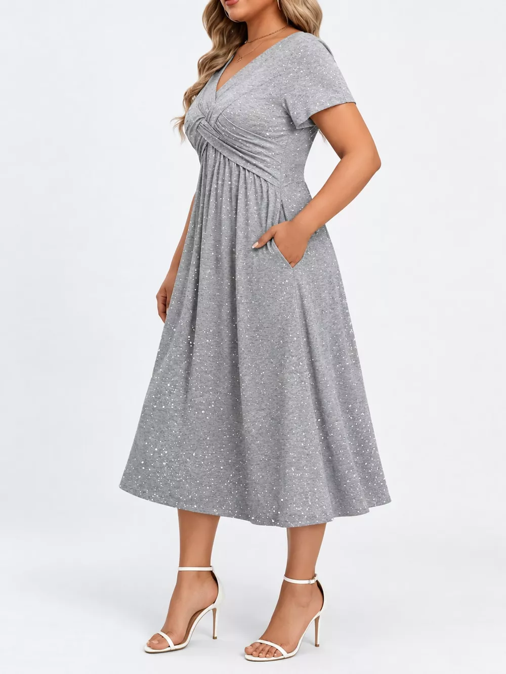 Full Size Twisted Front Short Sleeve Midi Dress with Pockets Plus Size, image 18