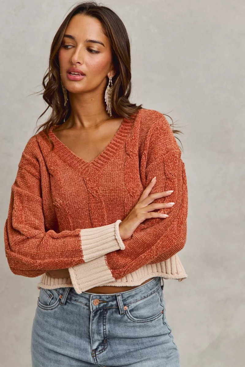 Chenille Cable Knit V Neck Contrast Cropped Sweater, image 8