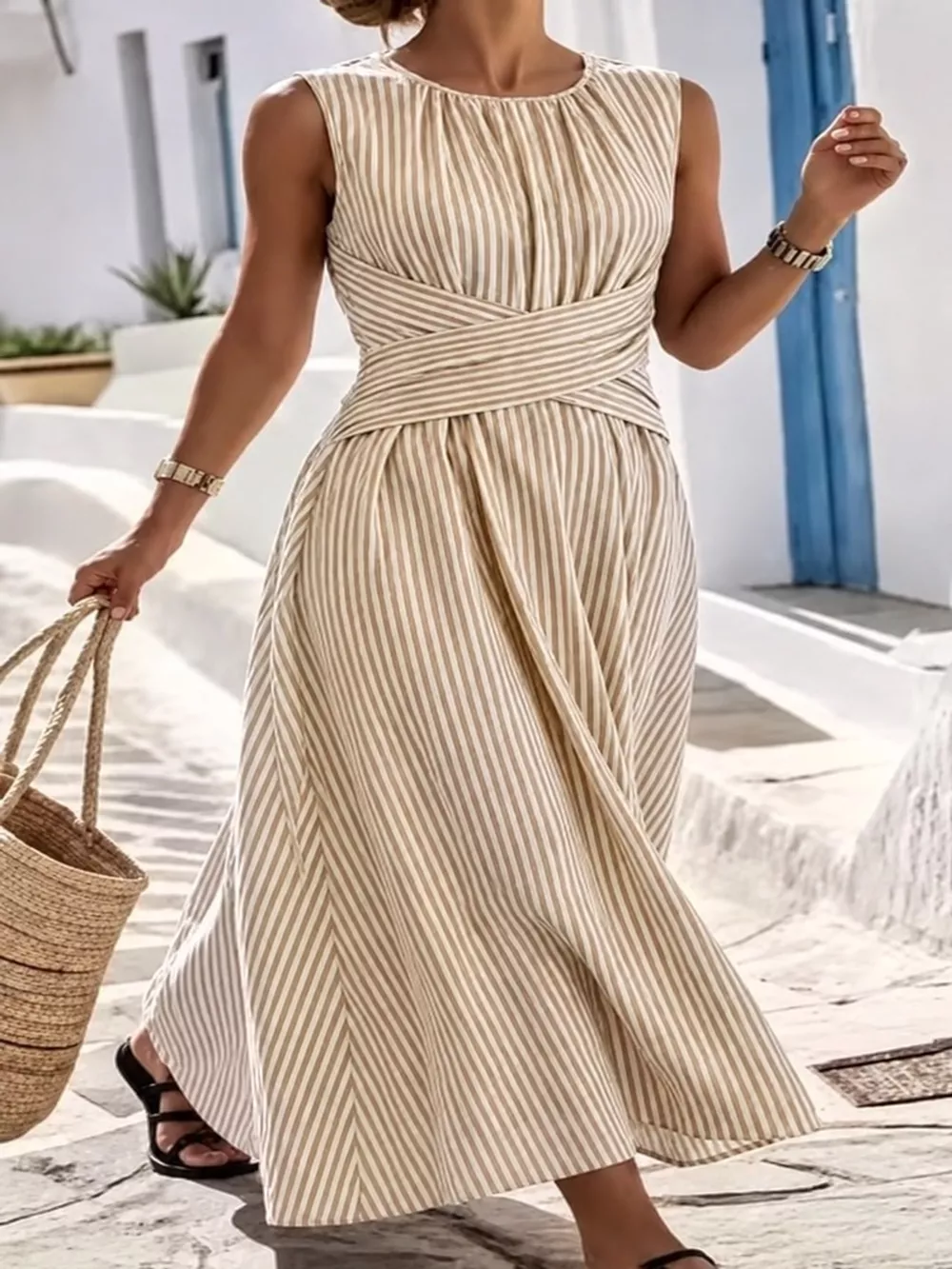 Full Size Sleeveless Striped Maxi Dress with Criss-Cross Waist Detail Plus Size, image 16