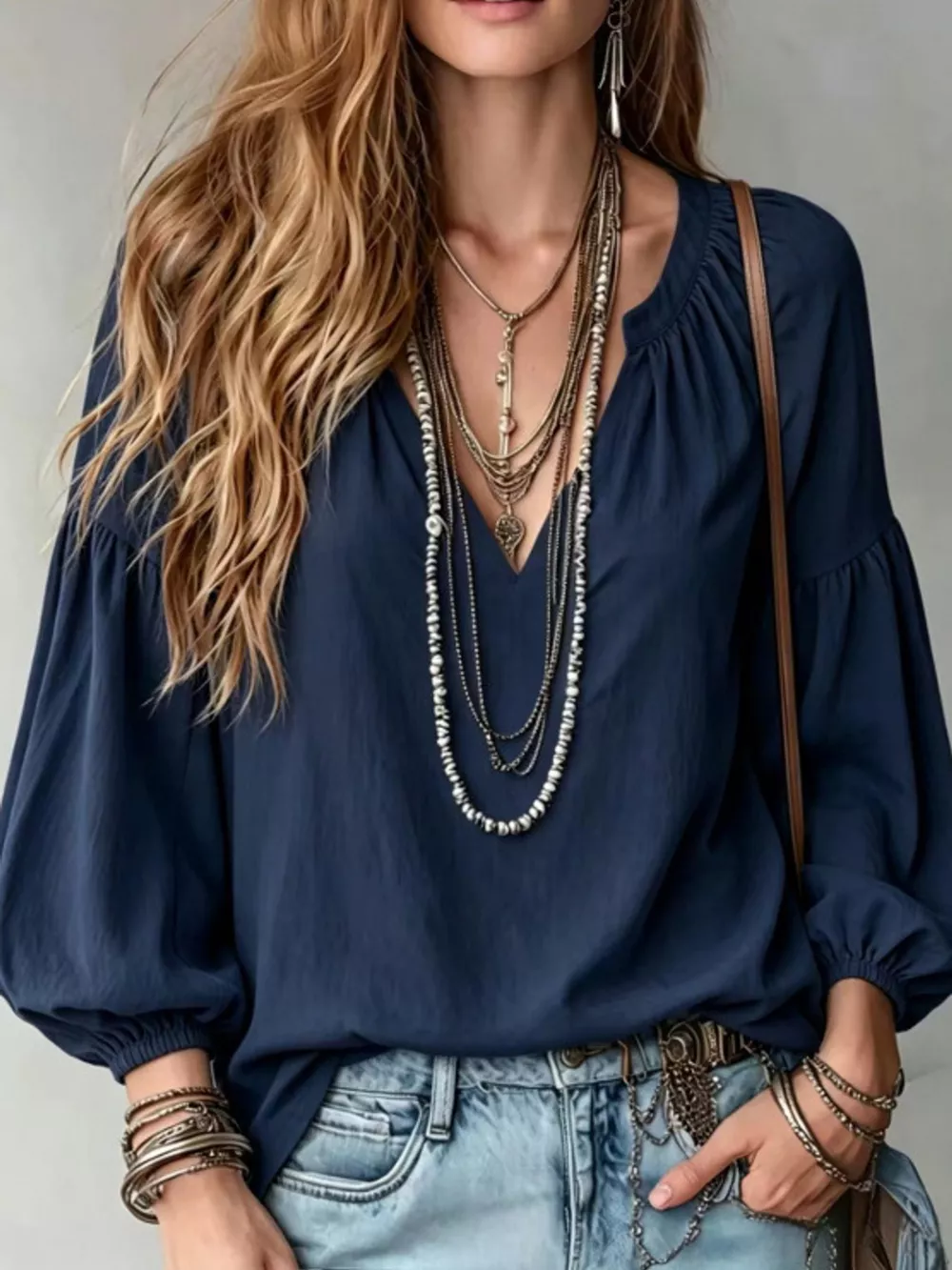 Full Size Notched Balloon Sleeve Blouse Plus Size, image 11