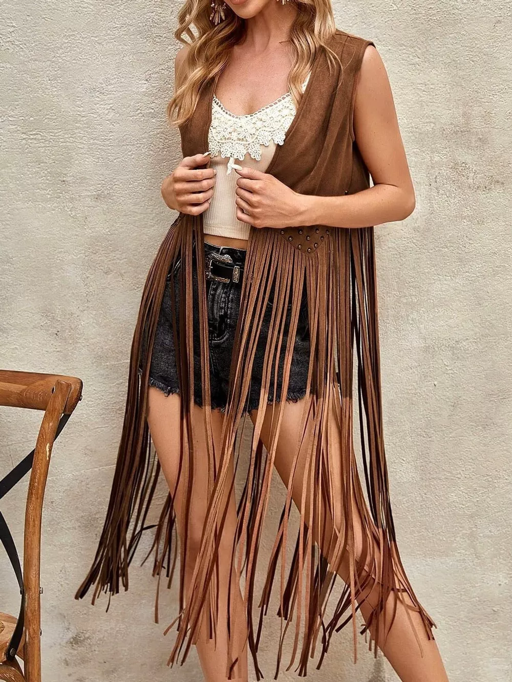 Studded Fringe Vest Coat