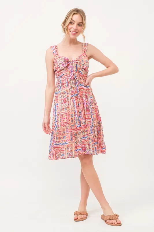 Tied Front Smocked Back Tiered Boho Printed Dress, image 8