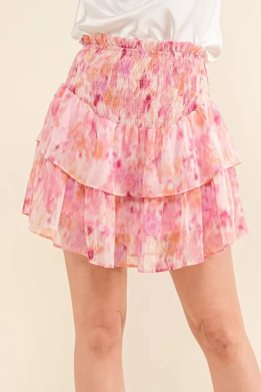 Printed Lurex Smocked Waist Tiered Skort, image 8