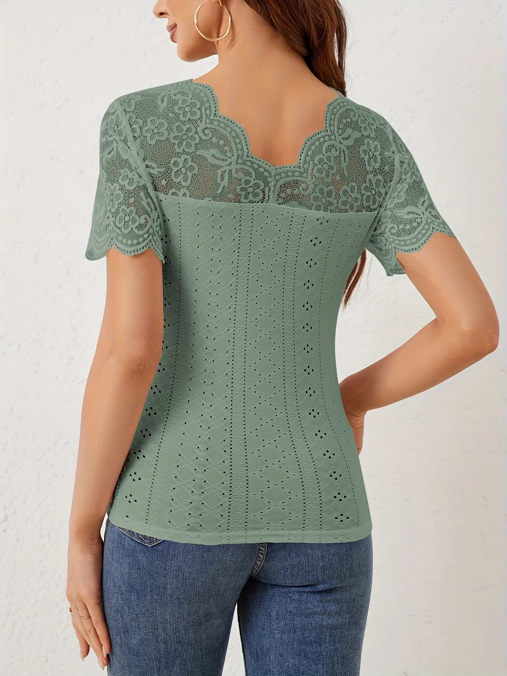 Lace Scalloped V-Neck Eyelet T-Shirt, image 22
