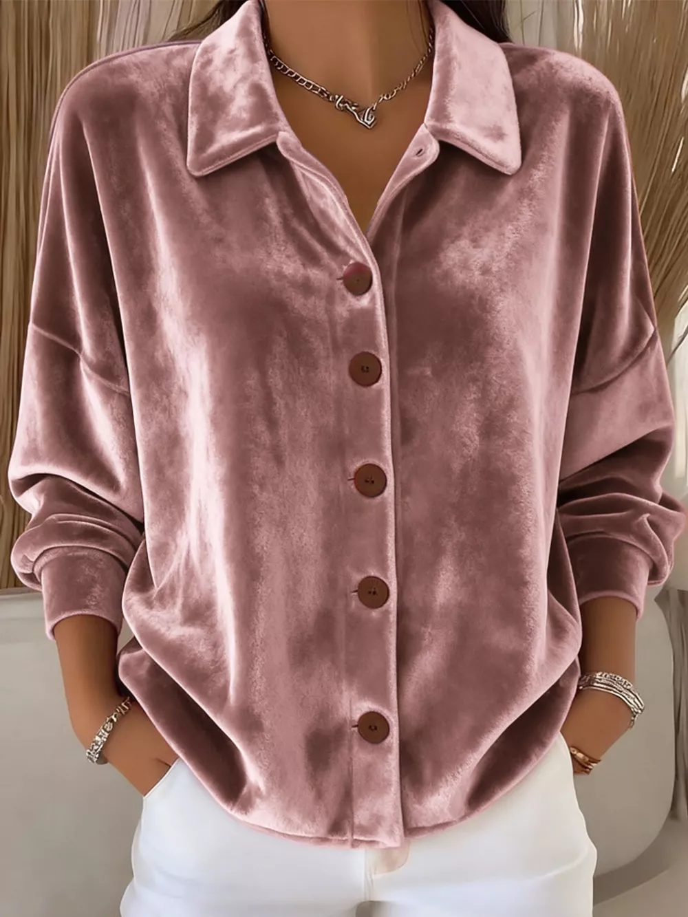 Full Size Velvet Button-Down Long Sleeve Shirt Plus Size, image 5