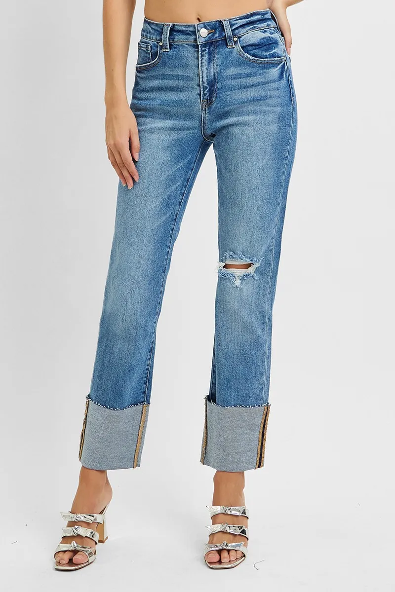 Full Size High Rise Ankle Straight Wide Cuffed Jeans Plus Size