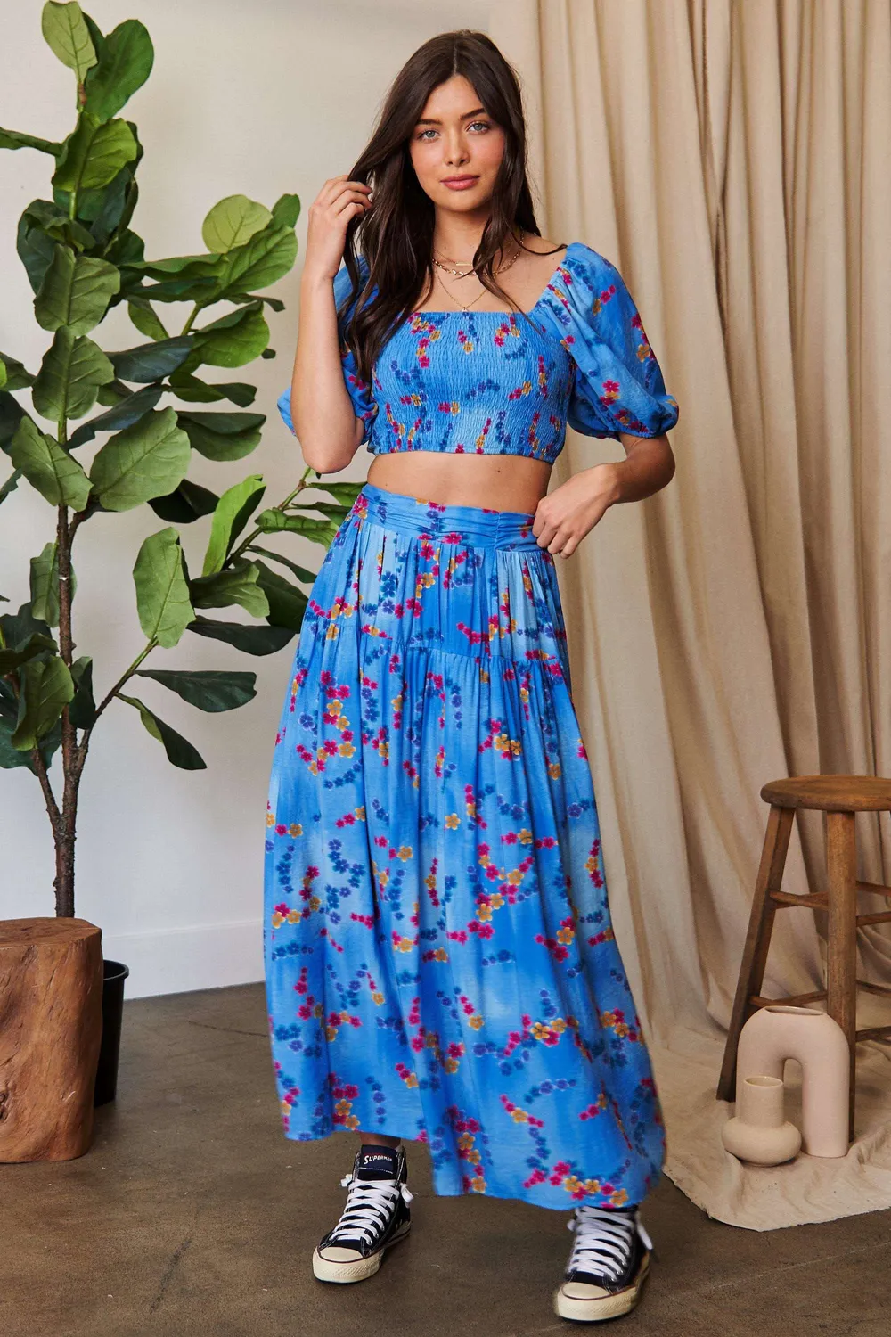 Smocing Bodice Puff Short Sleeve Printed Crop Top, image 9