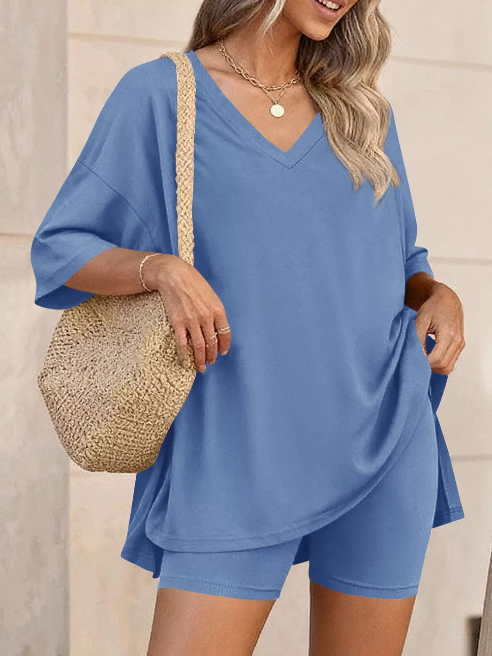 Full Size Casual Loose V-Neck T-Shirt & Shorts Set Plus Size, image 8