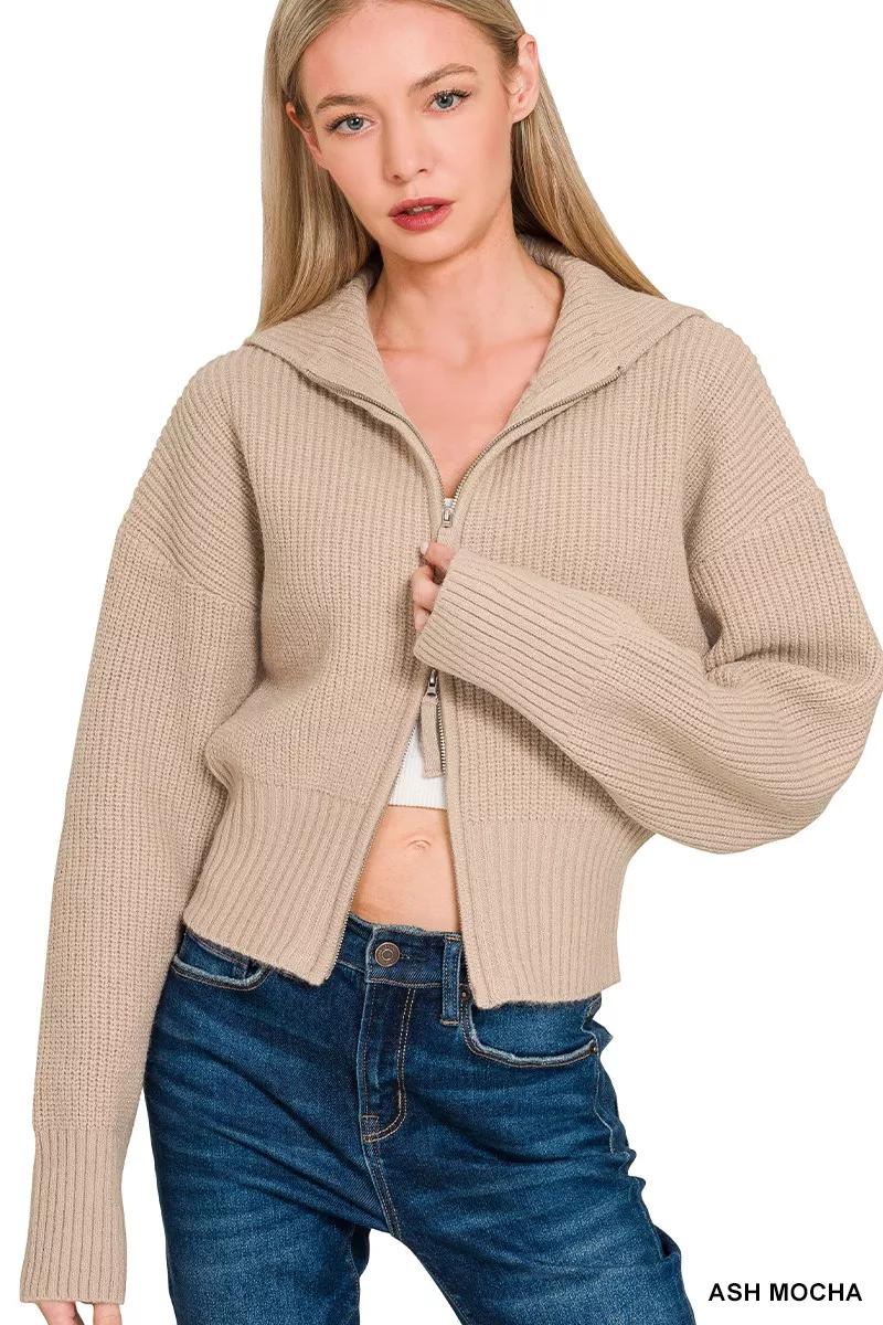 Ribbed Collared Zip Up Sweater Cardigan, image 2