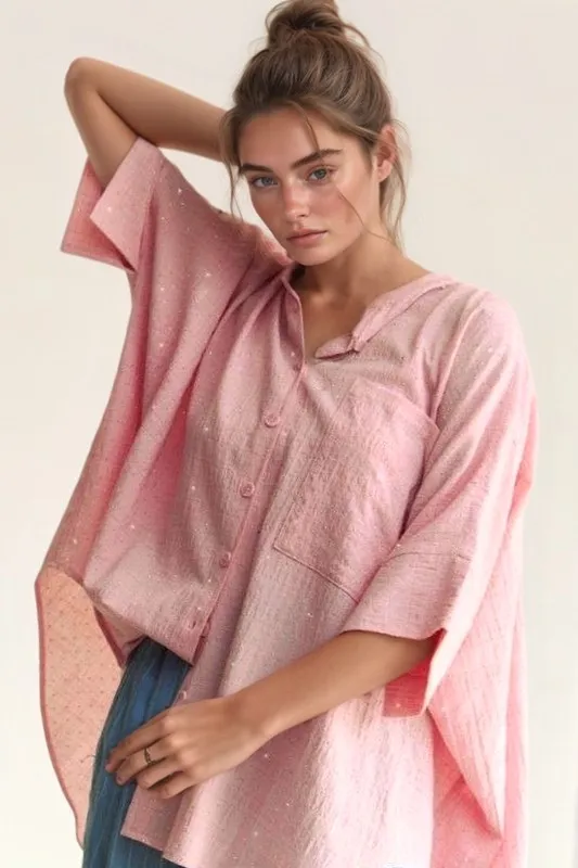 Rhinestone Pleat Back Short Sleeve Loose Fit Shirt