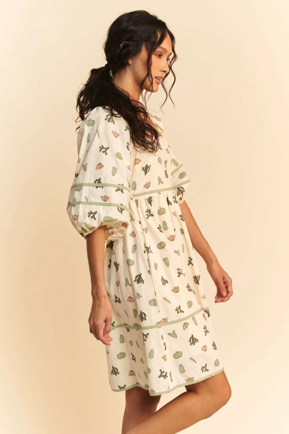 Cactus Printed Poplin Contrast Piping Mini Dress, image 6
