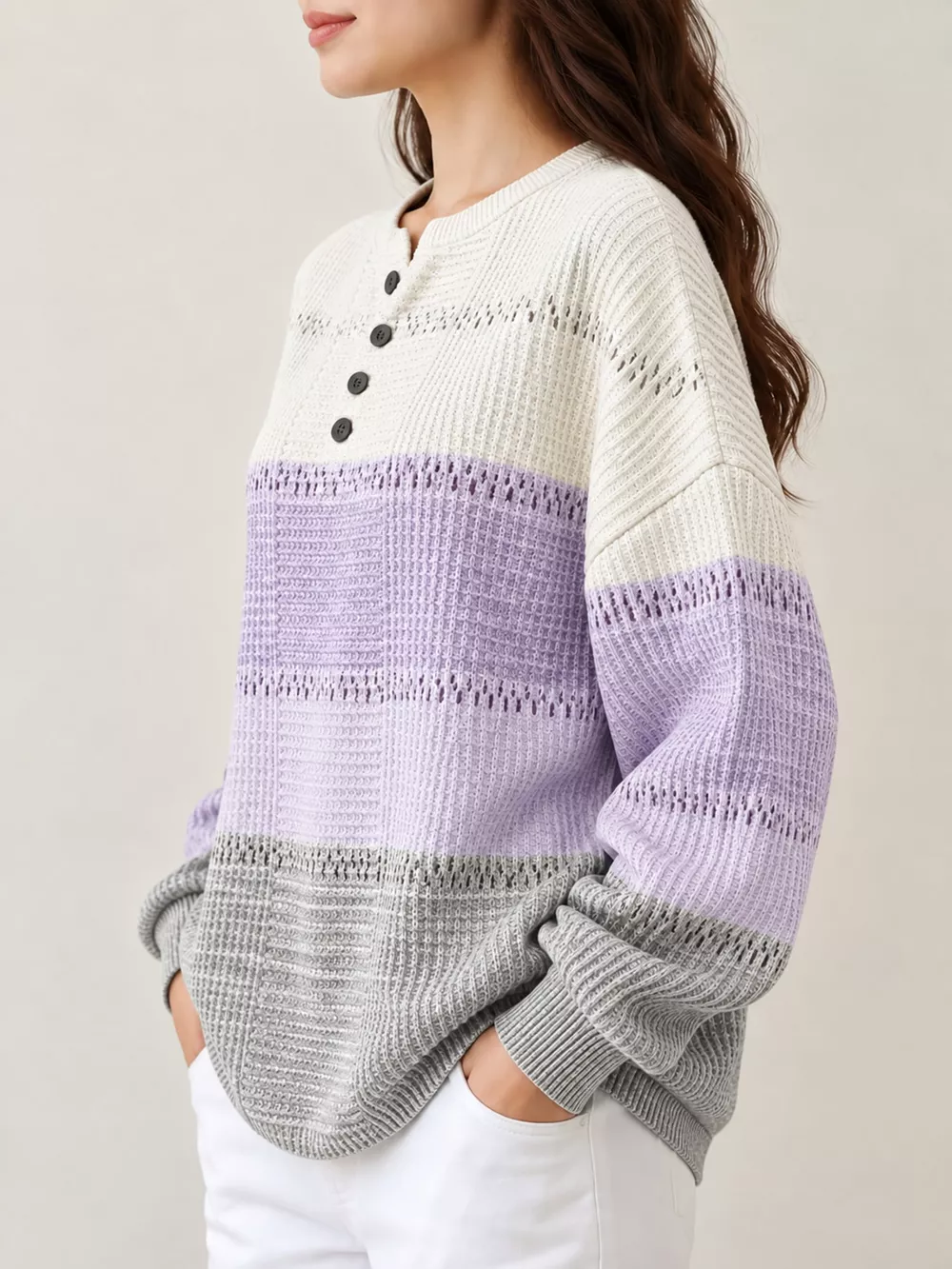 Full Size Color-Block Button Detail Sweatshirt Plus Size, image 2