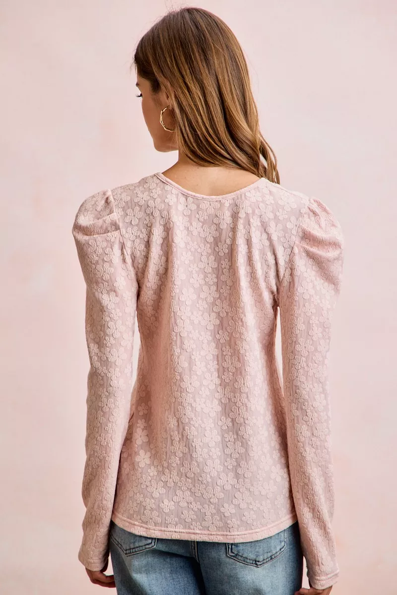 Textured Flower Knit Puff Shoulder Top, image 18
