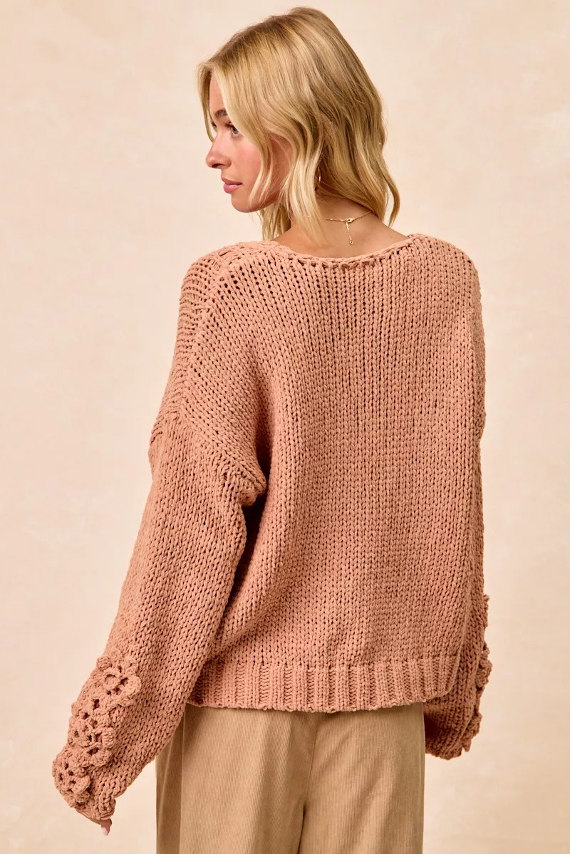 Chunky Knit Sweater with Flower Detail Sleeves, image 19