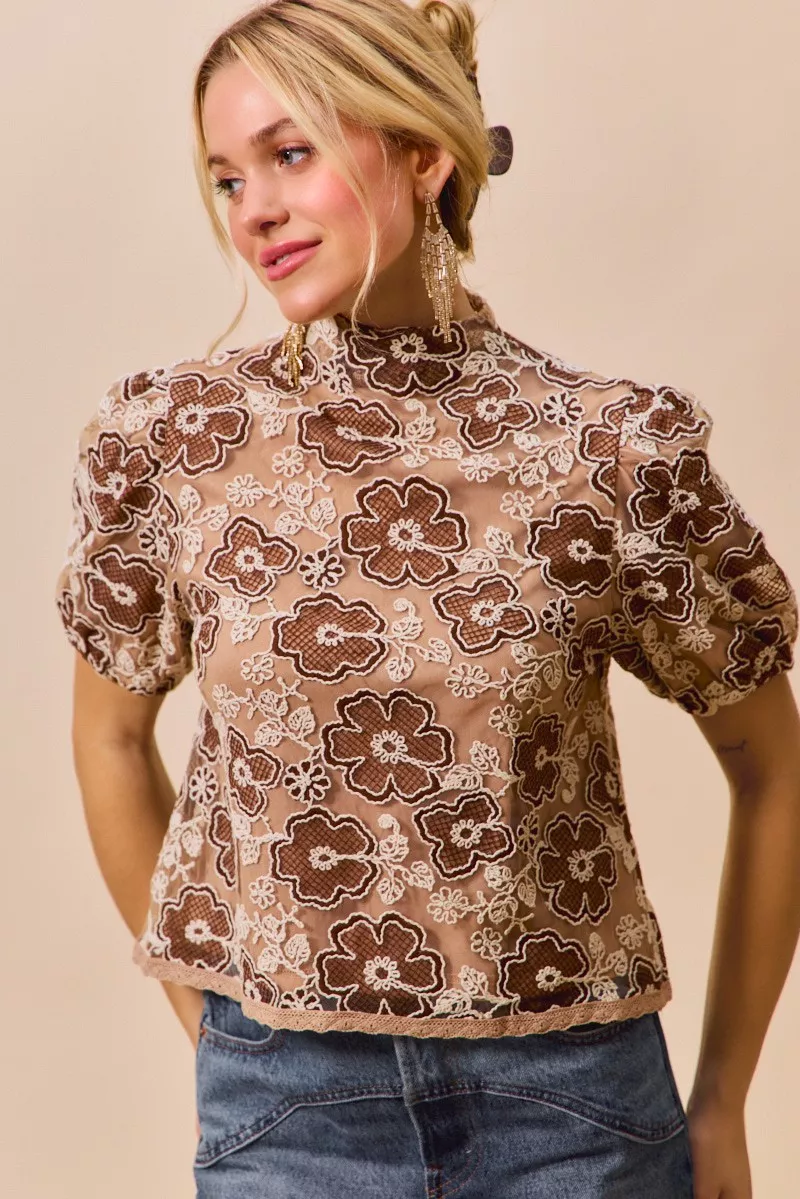 Texture Floral Mesh Top With Back Button Closure, image 14