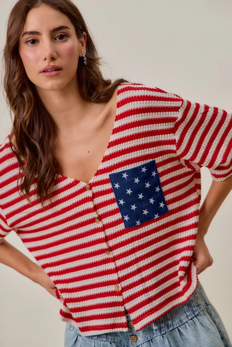 Stripe Waffle Knit Fourth Of July Cardigan Top, image 13