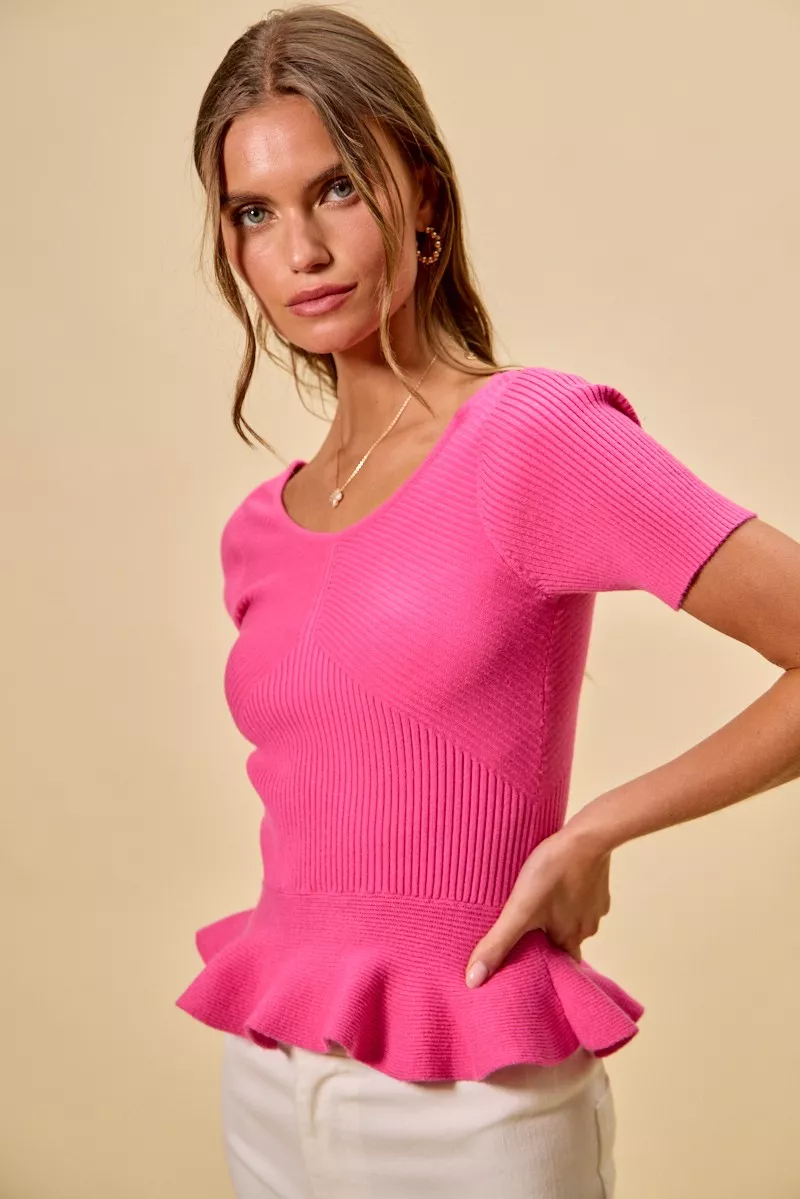 Ribbed Knit Short Sleeves Peplum Sweater Top, image 23