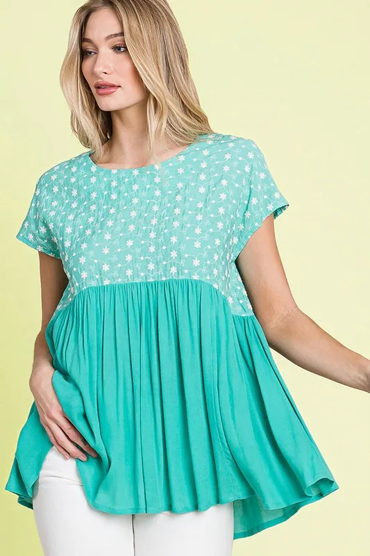 Full Size Embroidered Short Sleeve Pleated Babydoll Top Plus Size, image 7
