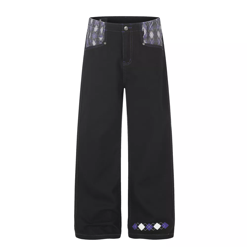 Men's High-Waisted Wide-Leg Jeans with Argyle Pattern Accents