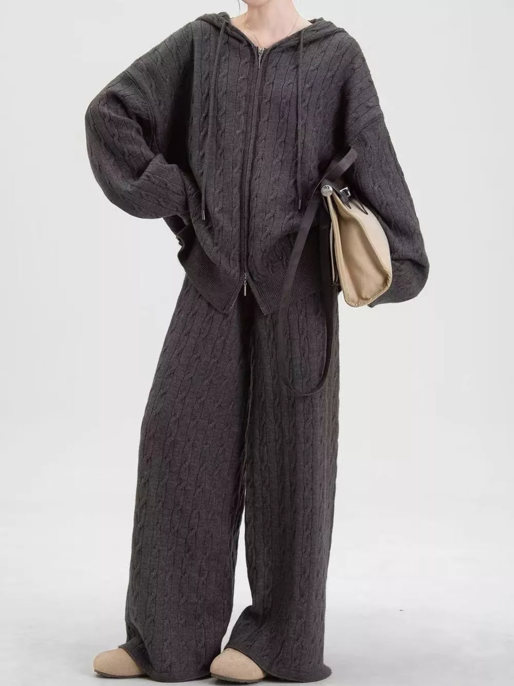 Cable Knit Zip-Up Hooded Cardigan and Wide-Leg Pants Sweater Set