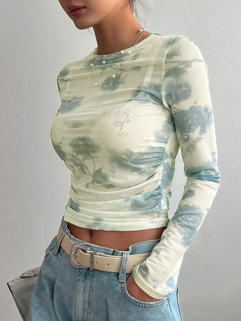 Floral Print Sheer Mesh Long Sleeve T-Shirt, image 3
