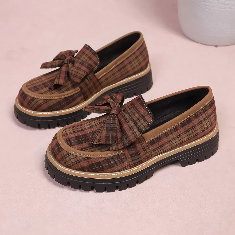 Plaid Bow Decor Chunky Loafers, image 5