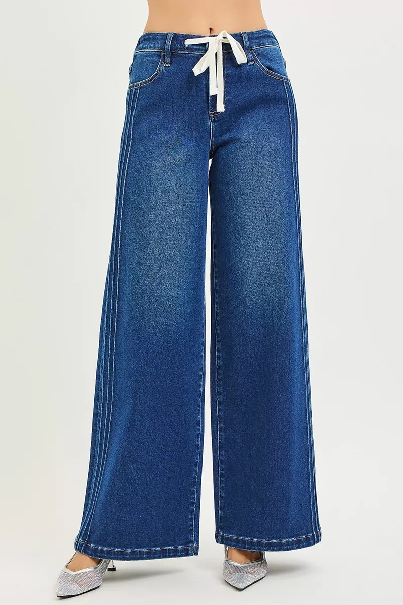 Full Size Mid Rise Wide Side Pintuck Jeans with Front Drawstring Plus Size, image 6